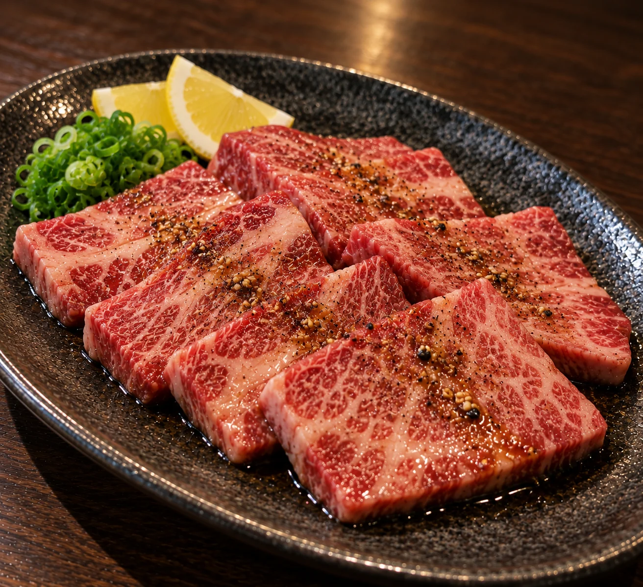 黒い皿に盛り付けた霜降りの特上カルビ