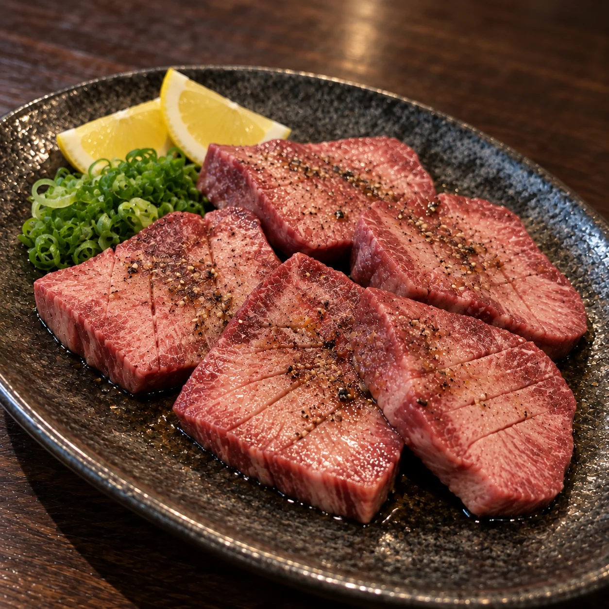 レモンと青ねぎを添えた厚切りタン