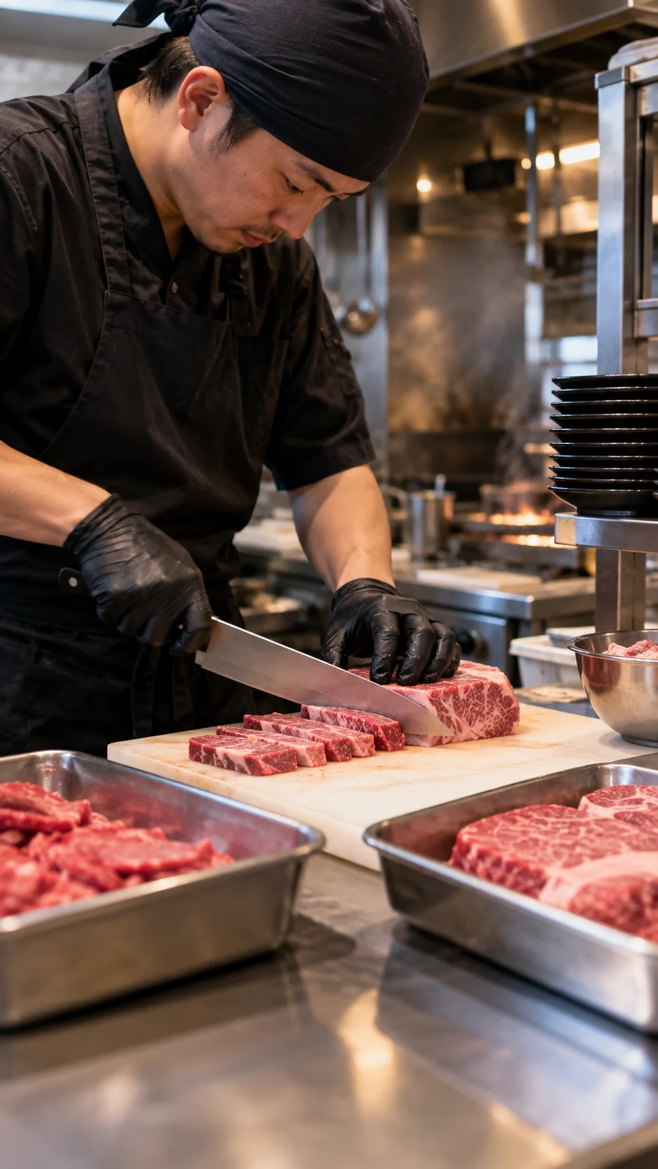 厨房でスタッフが包丁を使い、牛肉を一枚ずつ切り分ける仕込みの風景